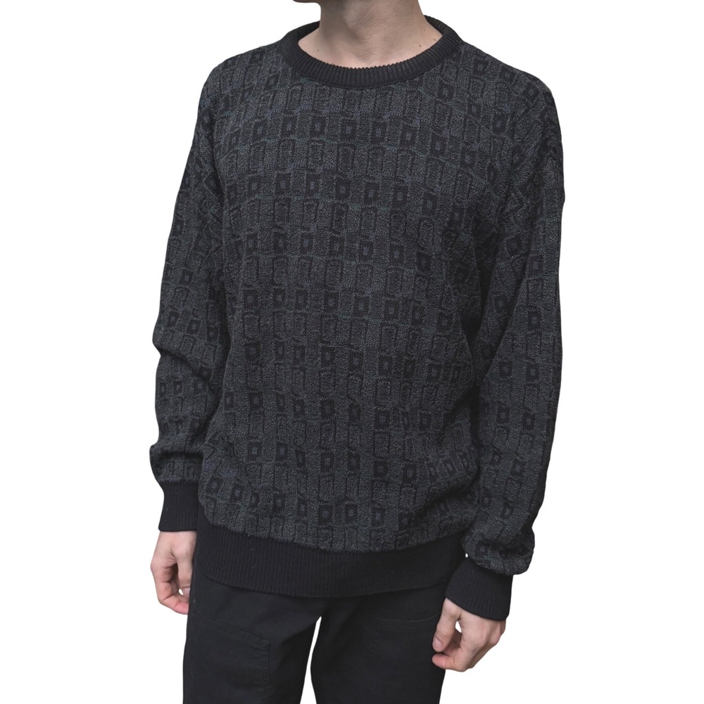 JANTZEN Mens Geometric Print Crewneck Sweater Size L Black Acrylic Long Sleeve
